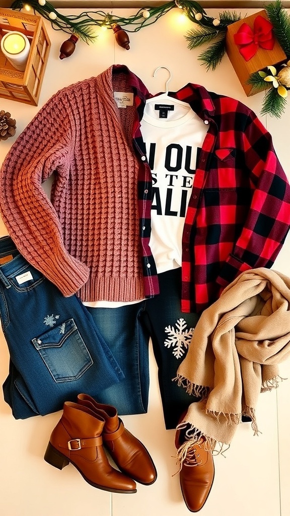 Flat lay of casual Christmas party outfits with sweaters, shirts, and accessories on a festive background.
